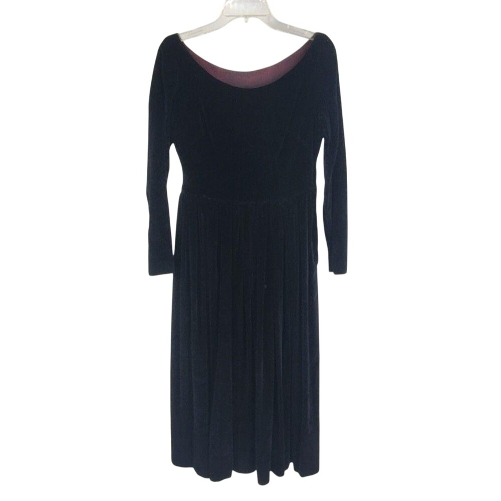 Vintage Velvet Dress Womens S Black Fit & Flare Long Sleeve Pleated Lined